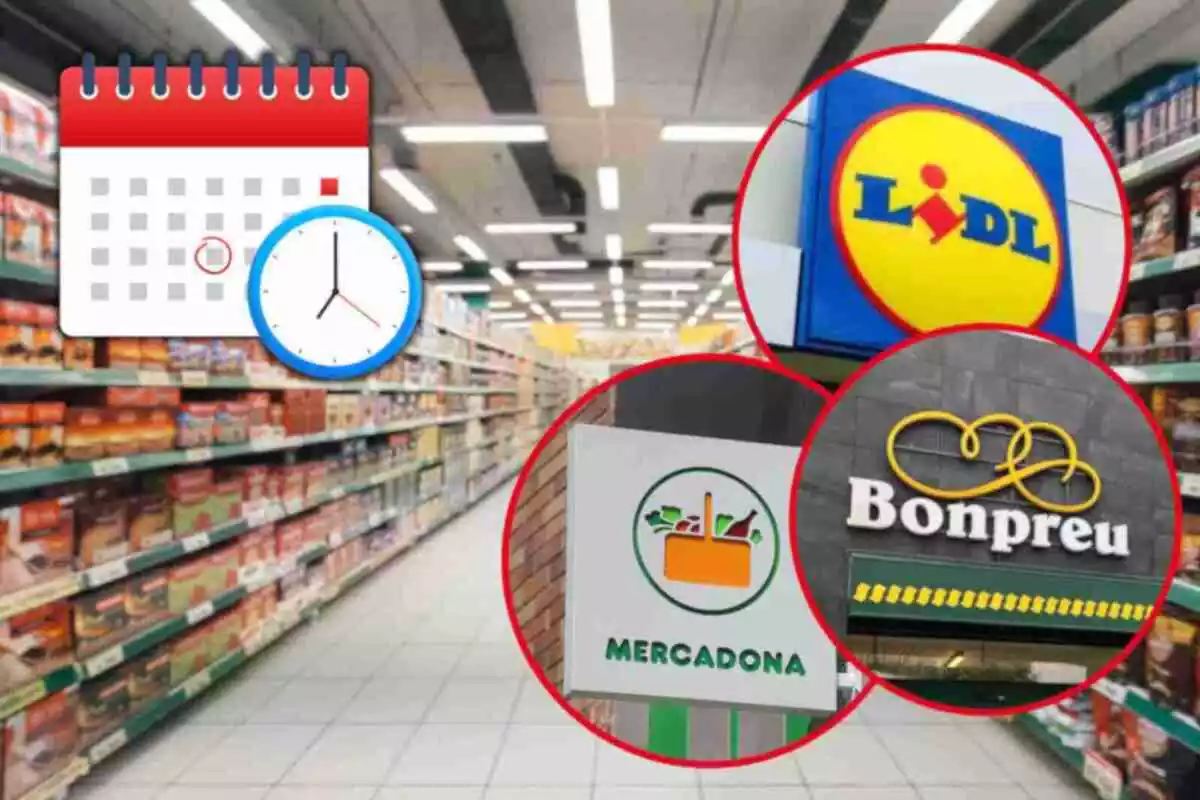 Fotomuntatge amb una imatge de fons d'un supermercat, davant dels logos en rodones vermelles de Mercadona, Lidl i Bonpreu, i un calendari amb un rellotge