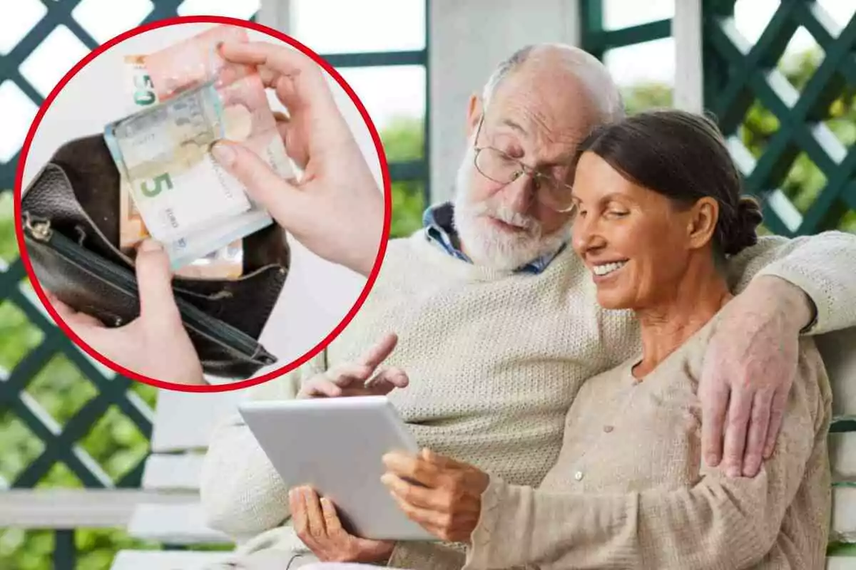 Una parella de persones grans asseguda en un banc, l'home amb barba i ulleres abraça la dona mentre tots dos miren una tauleta, a la cantonada superior esquerra hi ha un cercle vermell amb una imatge de mans traient bitllets d'euro d'una cartera.