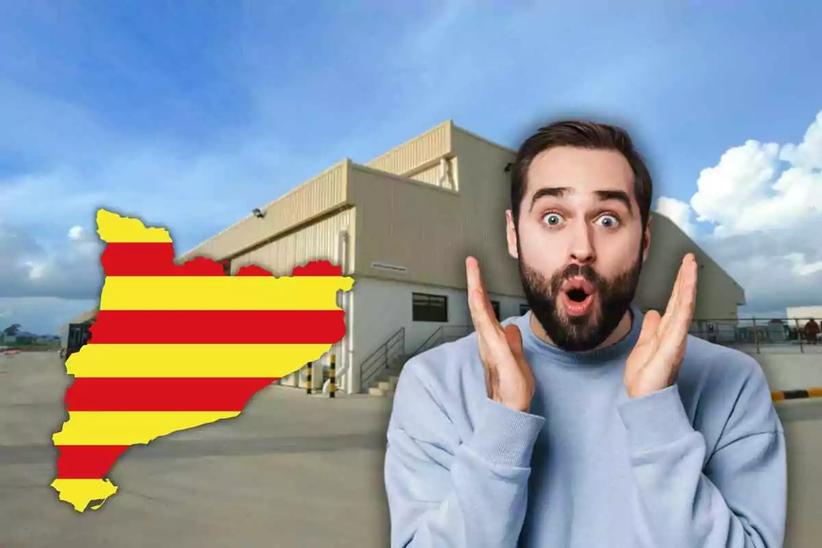 Home sorprès davant un edifici industrial amb un mapa de Catalunya en colors de la bandera catalana.