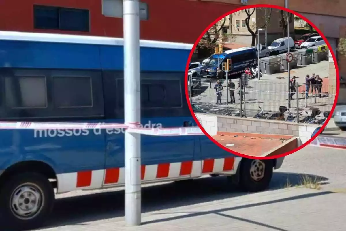 Fotomuntatge amb una imatge de fons d'un furgó de Mossos d'Esquadra i una rodona vermella amb el desplegament després del tiroteig a Nou Barris a Barcelona