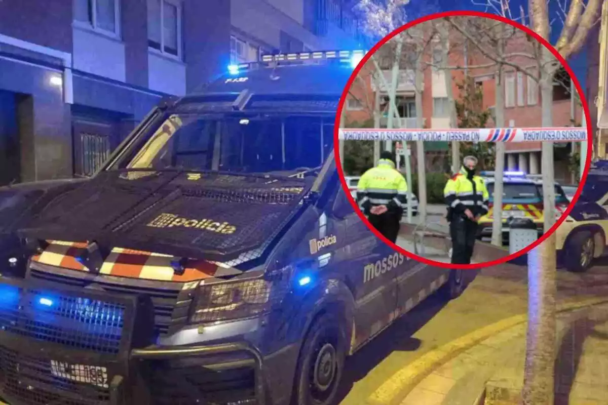 Fotomuntatge amb una imatge de fons d?una furgoneta dels Mossos d?Esquadra i al capdavant una rodona vermella amb dos agents i una cinta de no passar