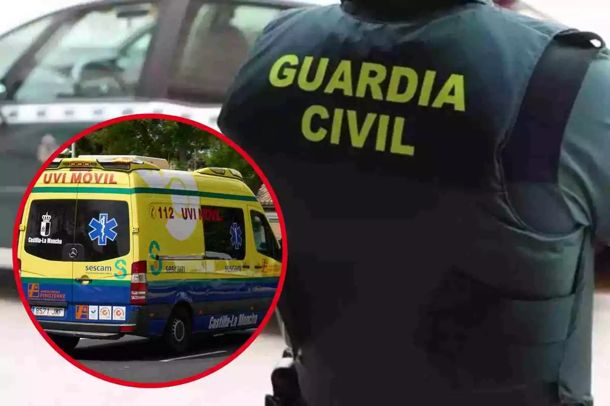 Fotomuntatge amb una imatge de fons d'un agent de la Guàrdia Civil d'esquena i una rodona vermella amb UVI