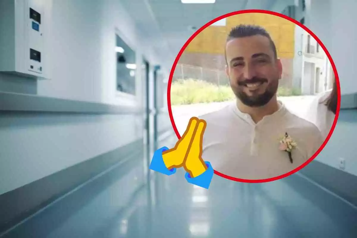 Fotomuntatge amb un fons d'un hospital, al capdavant Adrián Fernández en una rodona vermella i un emoji de dues mans resant