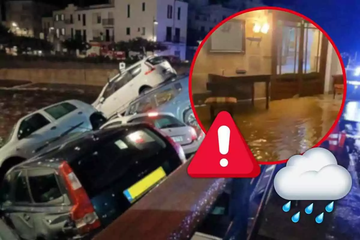 Cotxes apilats per una inundació en un carrer urbà a Cadaqués amb un requadre que mostra l'interior d'un edifici també afectat per l'aigua, acompanyat d'icones d'advertència i pluja.