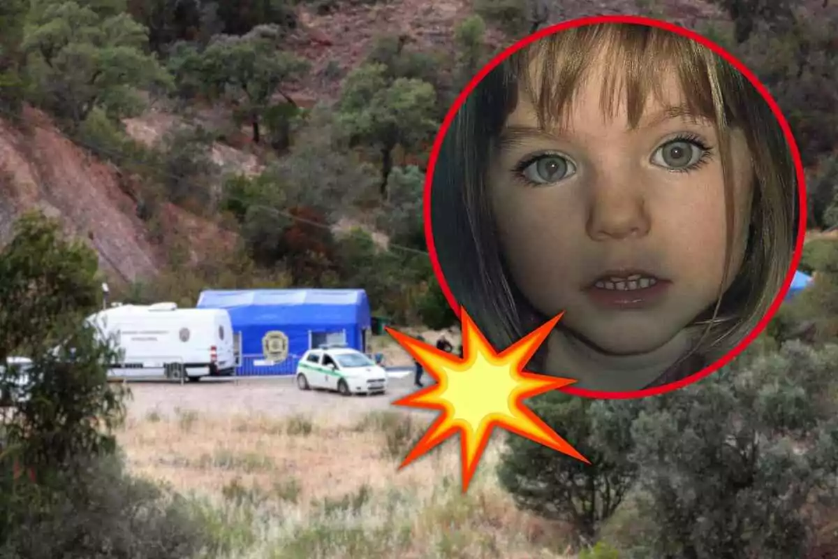 Una imatge d'una àrea boscosa amb una carpa blava i vehicles d'emergència a Portugal, sobreposada amb una foto de Madeleine McCann en un cercle vermell amb un efecte d'explosió groga.