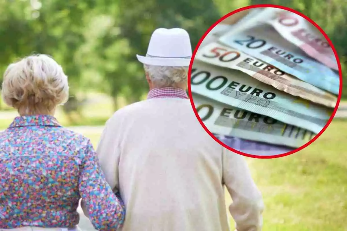 Dues persones grans caminant de la mà amb un cercle que mostra bitllets d'euro.