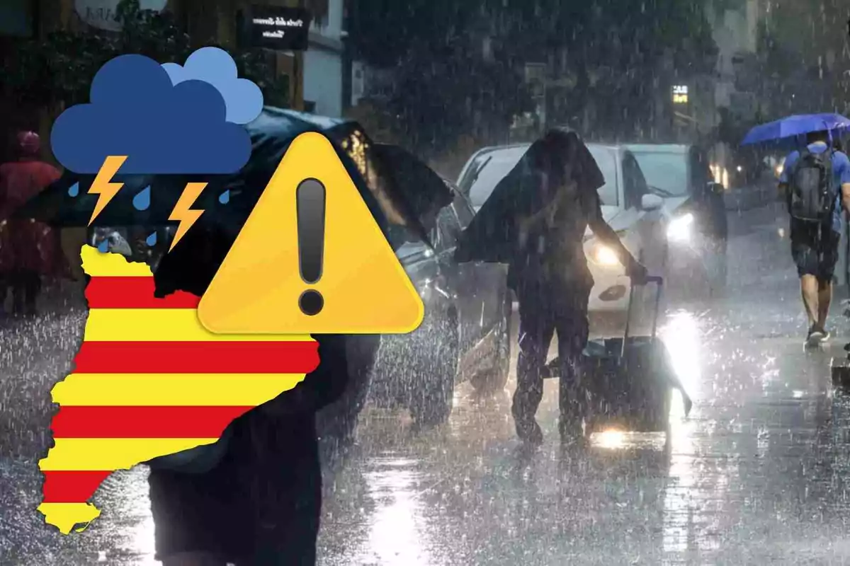 Persones caminant sota la pluja intensa en un carrer, amb un gràfic d'advertència meteorològica superposat que inclou un mapa amb ratlles vermelles i grogues, una icona de núvol amb llampecs i un signe d'exclamació.