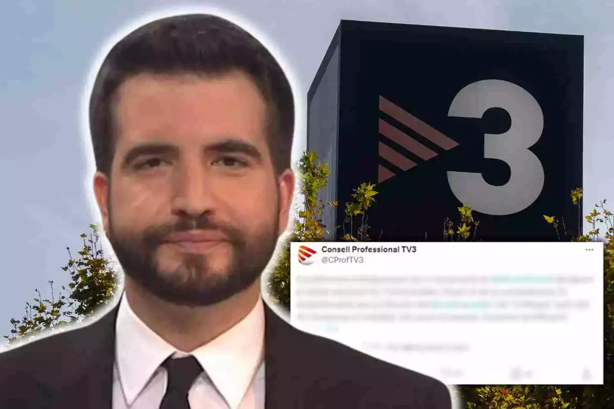 Fotomuntatge amb una imatge de fons del logotip de TV3 als estudis de Sant Joan Despí, i al capdavant Ricard Ustrell i el tweet del Consell Professional de TV3