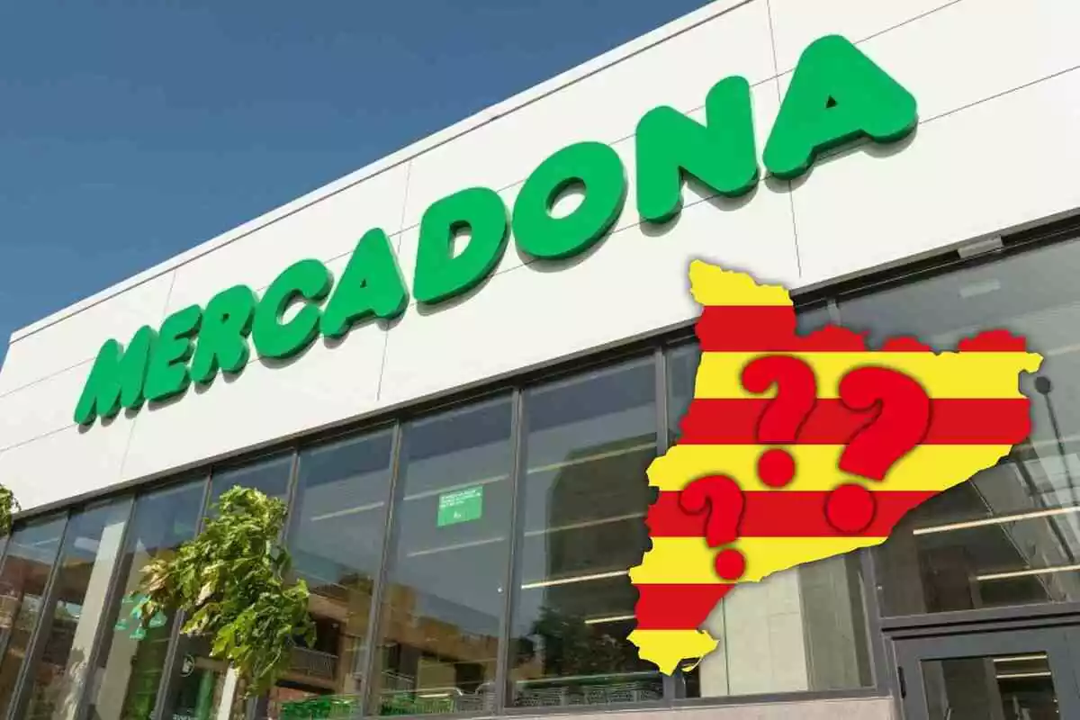 Fotomuntatge amb fons d'un supermercat Mercadona i al capdavant un mapa de Catalunya amb la bandera catalana i interrogants