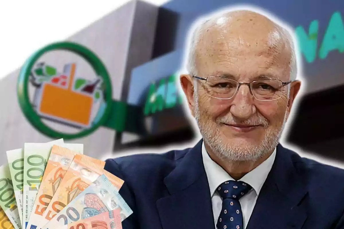 Fotomuntatge amb una imatge de fons de Mercadona i al capdavant Juan Roig i un ventall de bitllets d'euro