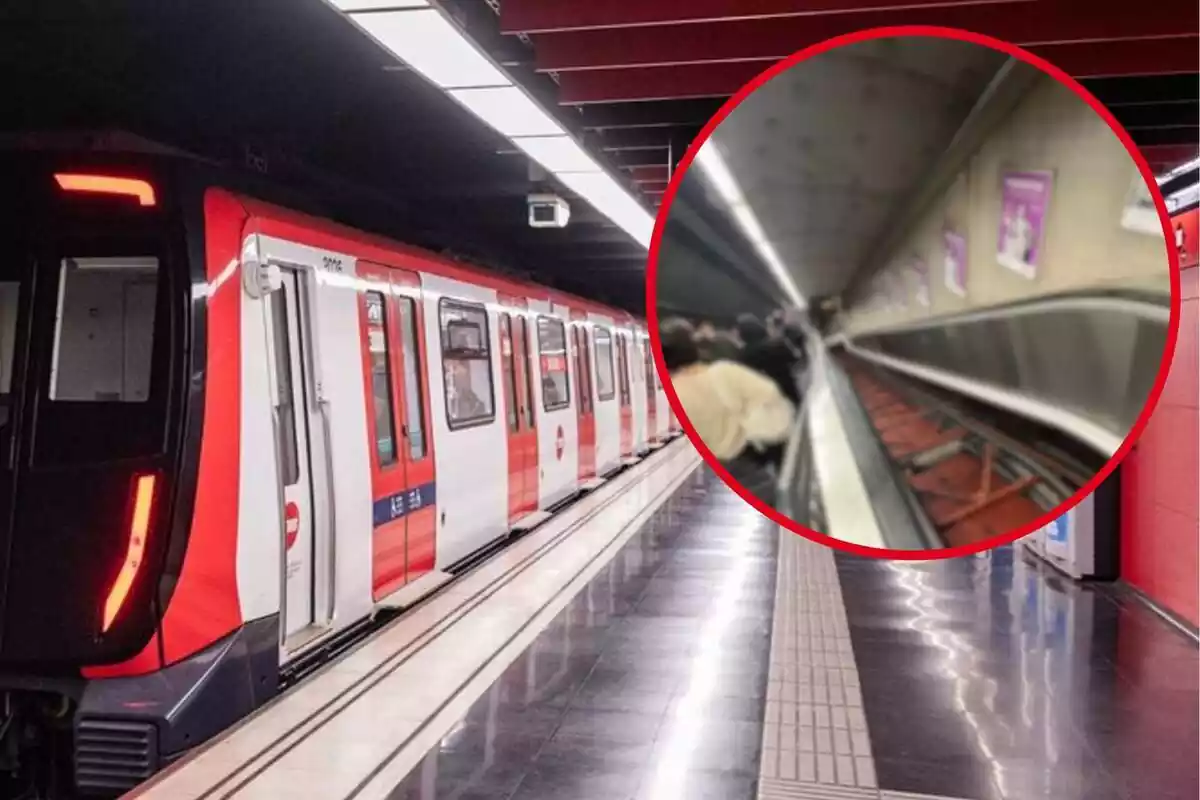 Fotomuntatge amb una imatge de fons del metro de Barcelona i una rodona vermella al capdavant amb la queixa viral sobre les escales