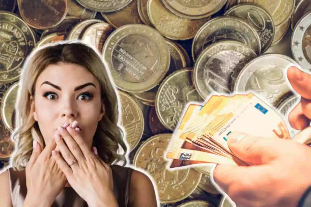 Woman with surprised expression covers her mouth with her hands as she notices a wad of banknotes in another person's hand, with a background of coins.