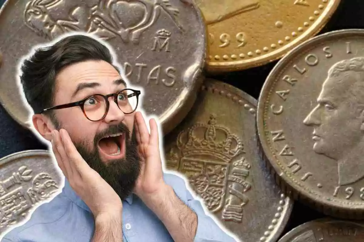 Un home amb barba i ulleres, amb una expressió de sorpresa, és davant d'un fons de monedes antigues.