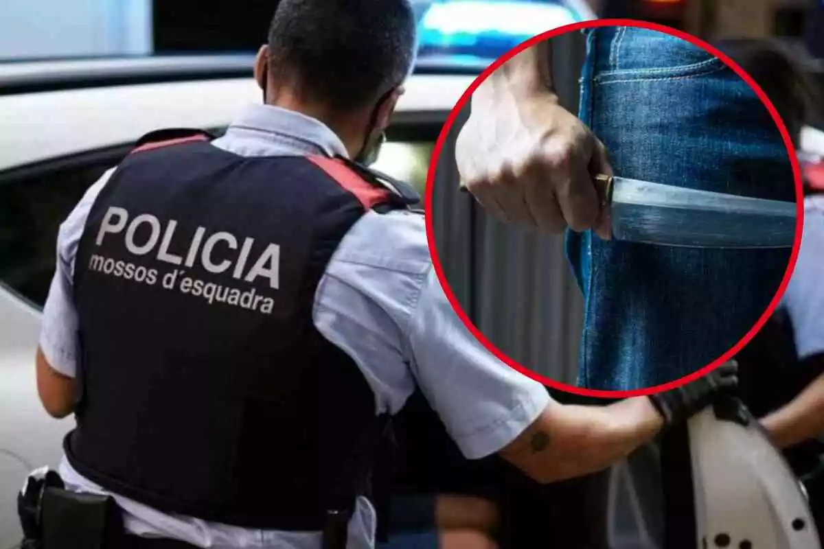 Fotomuntatge amb una imatge de fons d'un agent d'esquena de Mossos d'Esquadra i al capdavant un home amb un ganivet