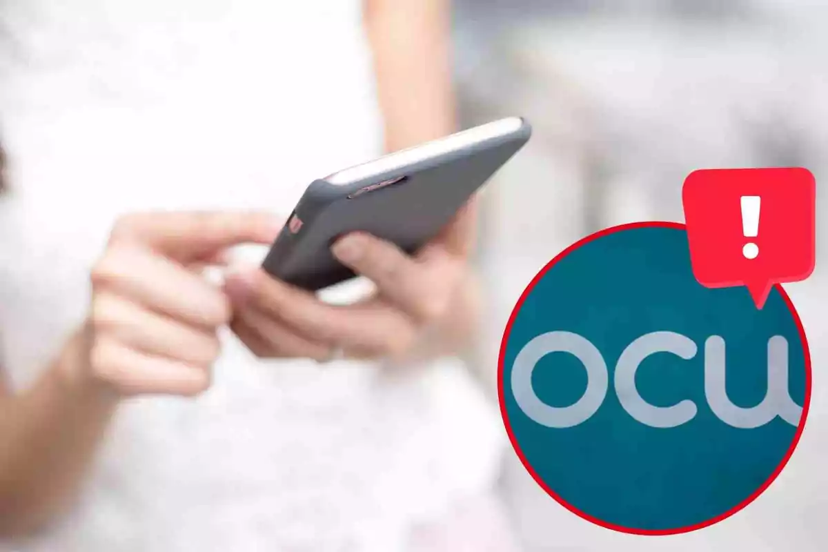 Fotomuntatge amb una imatge de fons d'una persona usant el mòbil i al capdavant una rodona vermella amb el logo de l'OCU