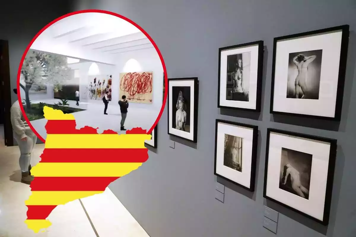 Fotomuntatge amb un fons del Museu Thyssen i al capdavant una rodona vermella amb el render de Sant Feliu de Guíxols i un mapa amb una bandera catalana