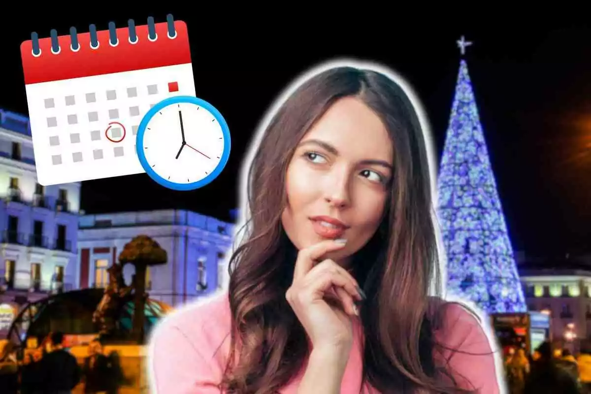 Mujer pensativa con un fondo de Madrid iluminada y un árbol de Navidad junto a un calendario y un reloj.