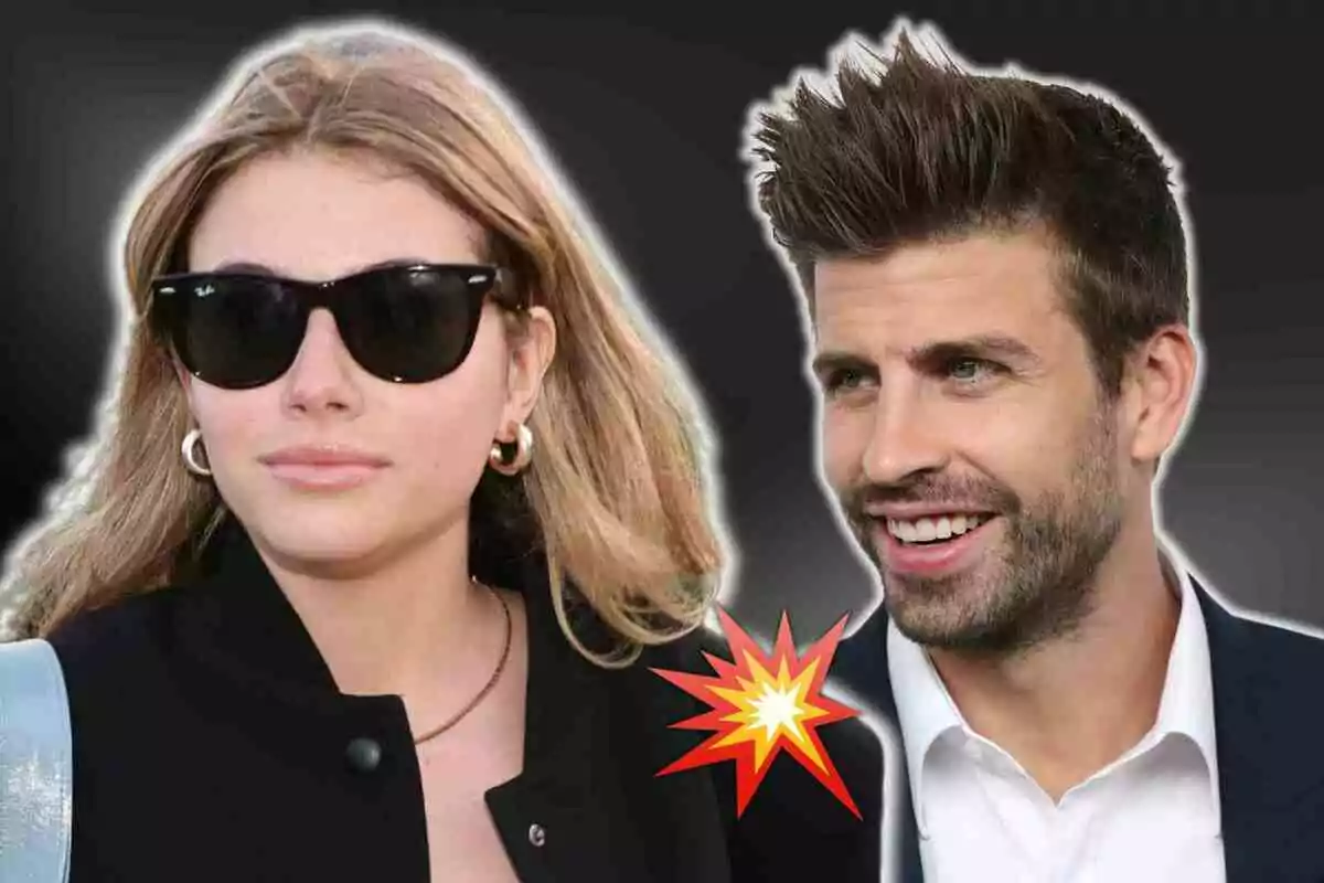 Gerard Piqué and Clara Chía with a dark background and an explosion graphic between them.