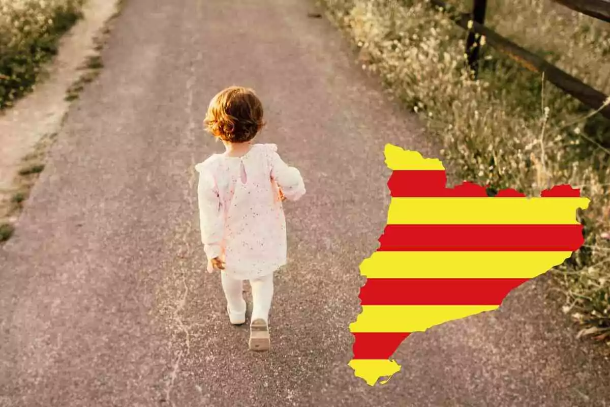 Fotomuntatge d'una nena caminant per un camí i davant un mapa de Catalunya amb la bandera