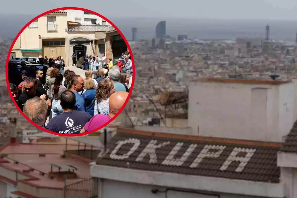 Fotomuntatge amb una imatge de fons d'okupa a Barcelona i al capdavant una rodona vermella amb la manifestació de les Borges Blanques
