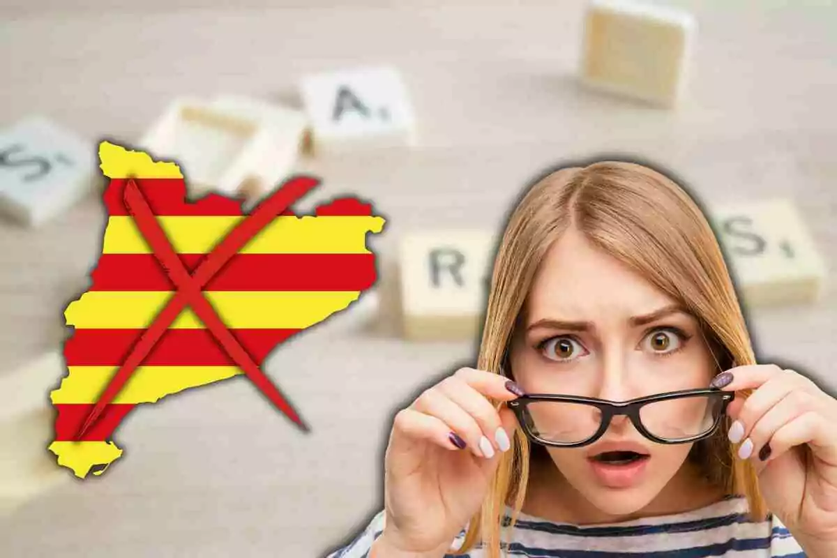 Fotomuntatge amb una imatge de fons de paraules, i al capdavant un mapa amb la bandera catalana ratllat i una dona sorpresa
