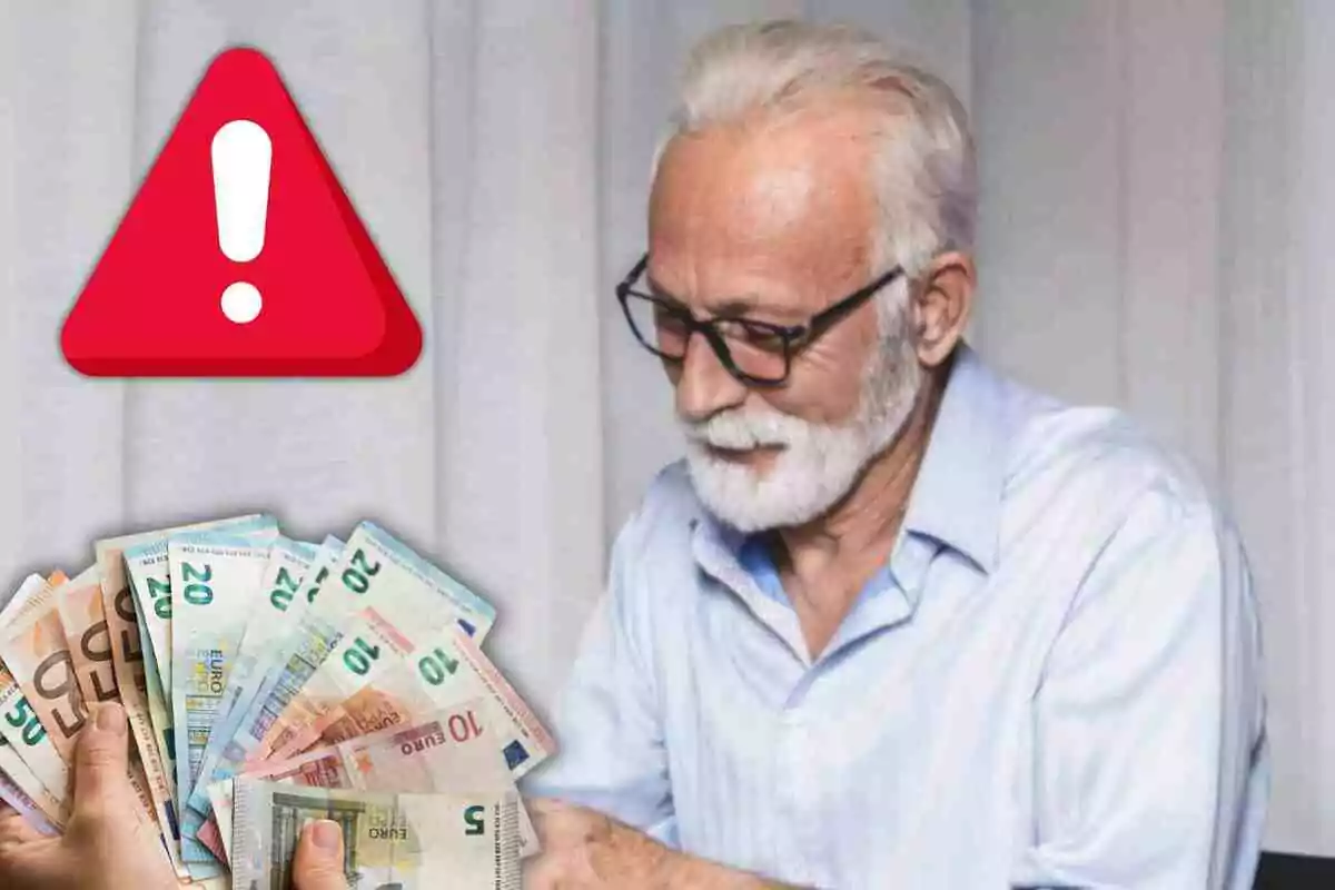 Un home gran amb ulleres i barba blanca observa un feix de bitllets d'euro mentre un símbol d'advertència vermell amb un signe d'exclamació apareix a la cantonada superior esquerra.