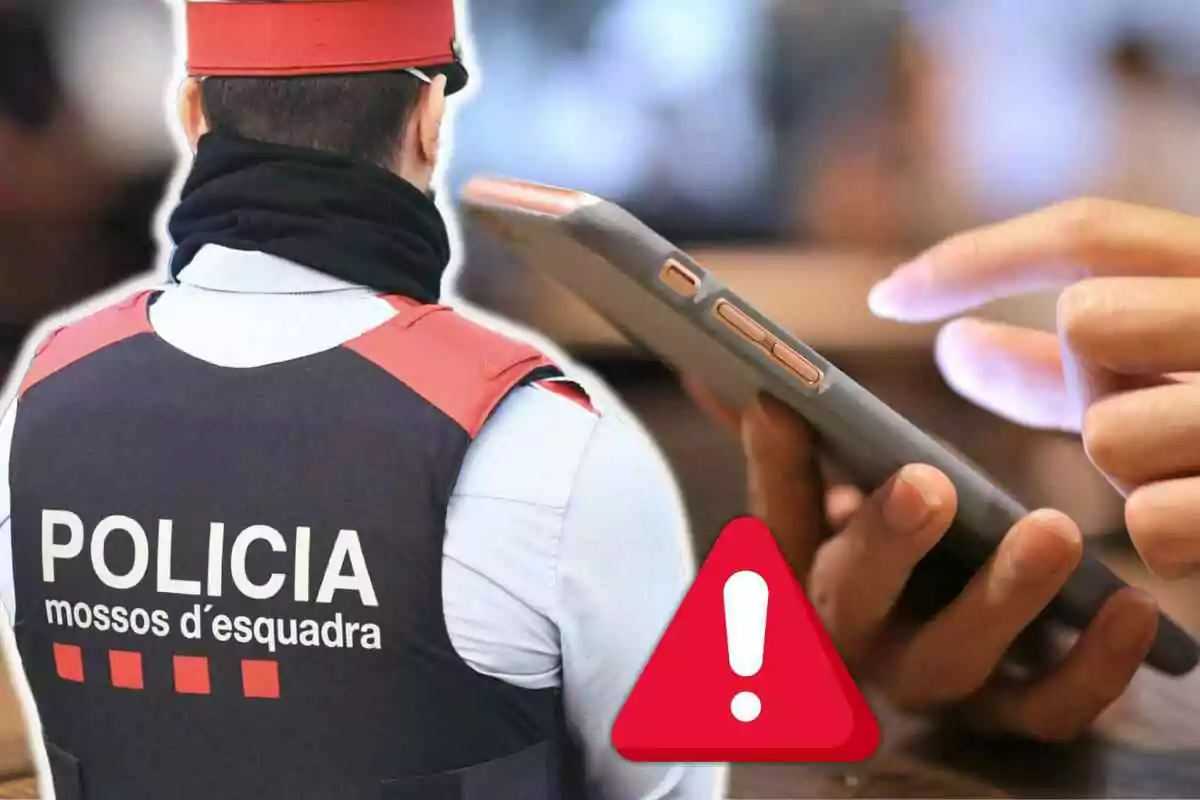 Un agente de policía de espaldas con un chaleco que dice "mossos d'esquadra" junto a una mano usando un teléfono móvil y un icono de advertencia en primer plano.