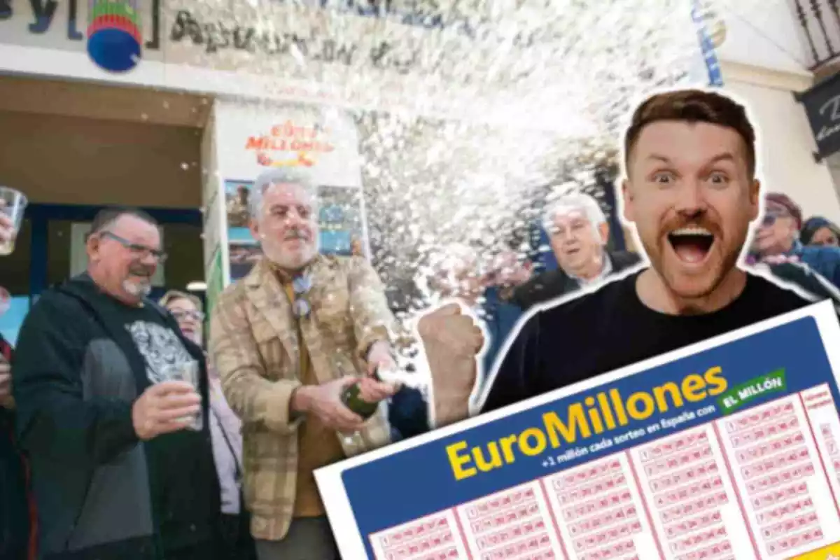 Fotomuntatge amb una imatge de fons de diverses persones celebrant un premi de la loteria i al capdavant un home celebrant i una butlleta de l'Euromilions