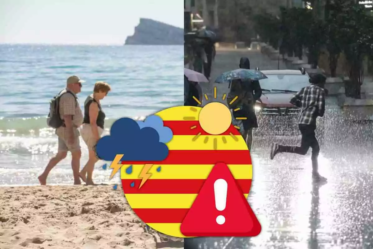 Persones caminant a la platja a l'esquerra i persones sota la pluja a la dreta amb una icona d'alerta meteorològica al centre.