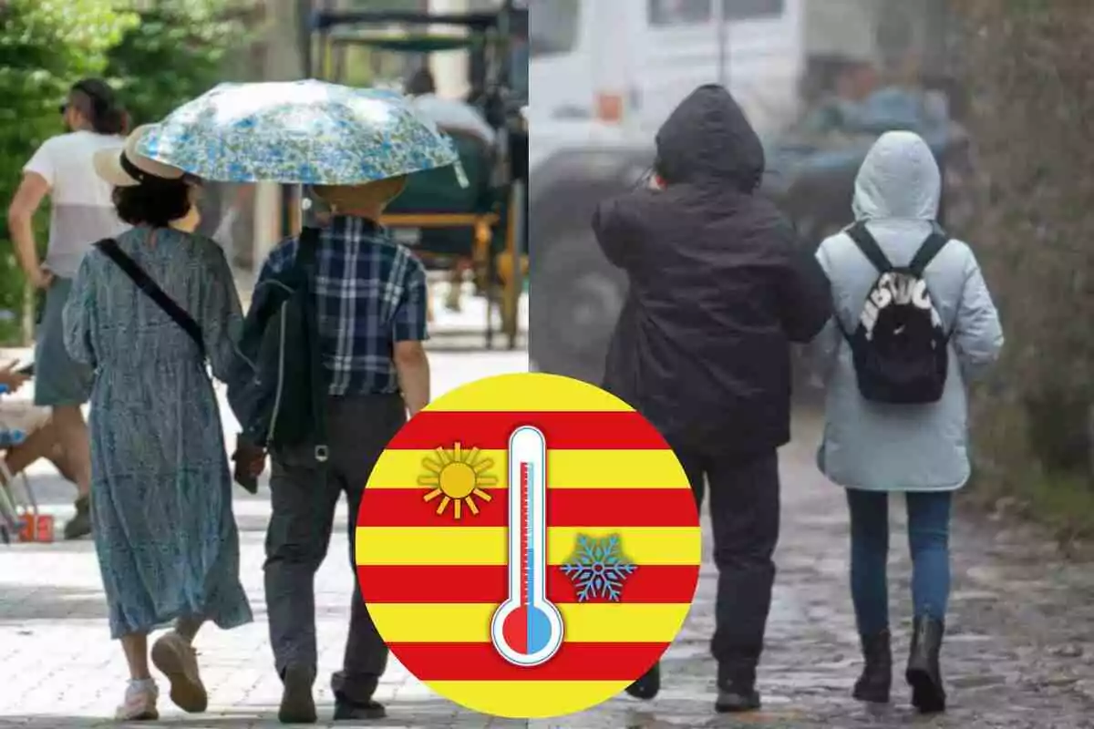 Comparació de dues parelles caminant, una en clima càlid i una altra en clima fred, amb una icona de termòmetre al centre.