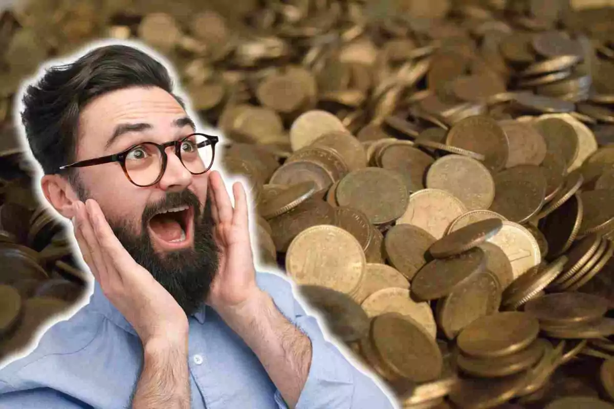 Surprised man with beard and glasses next to a pile of coins.