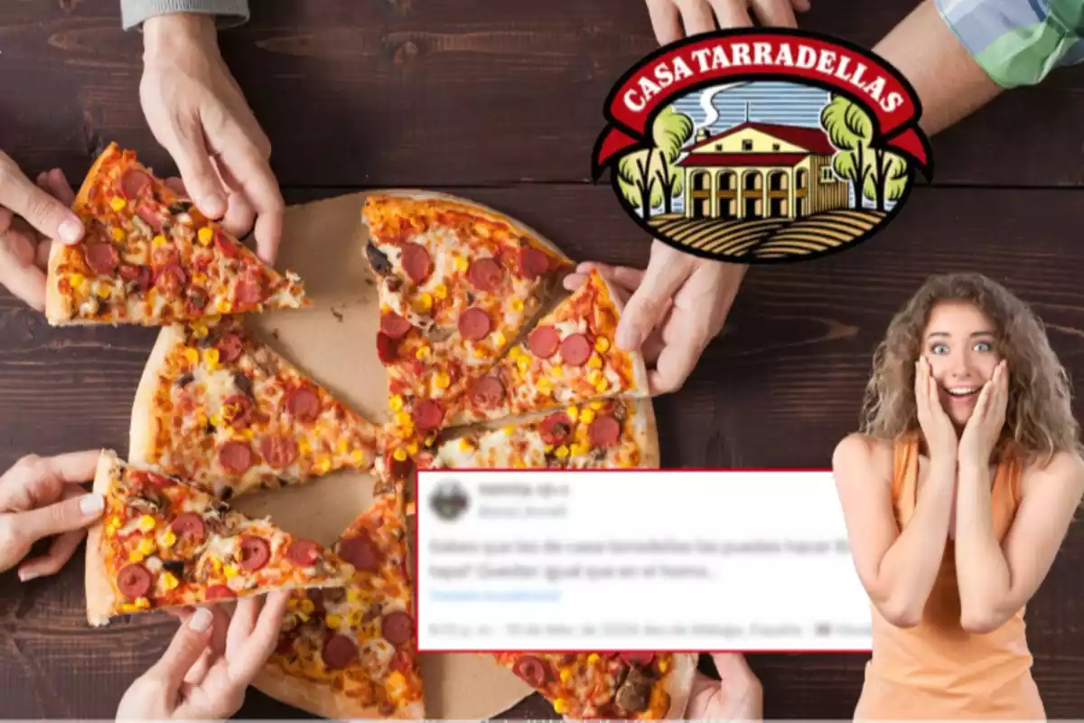 Futmuntatge d'una imatge amb pizza de fons, la captura d'una publicació de X difuminada, el logotip de Casa Tarradellas i una dona sorpresa
