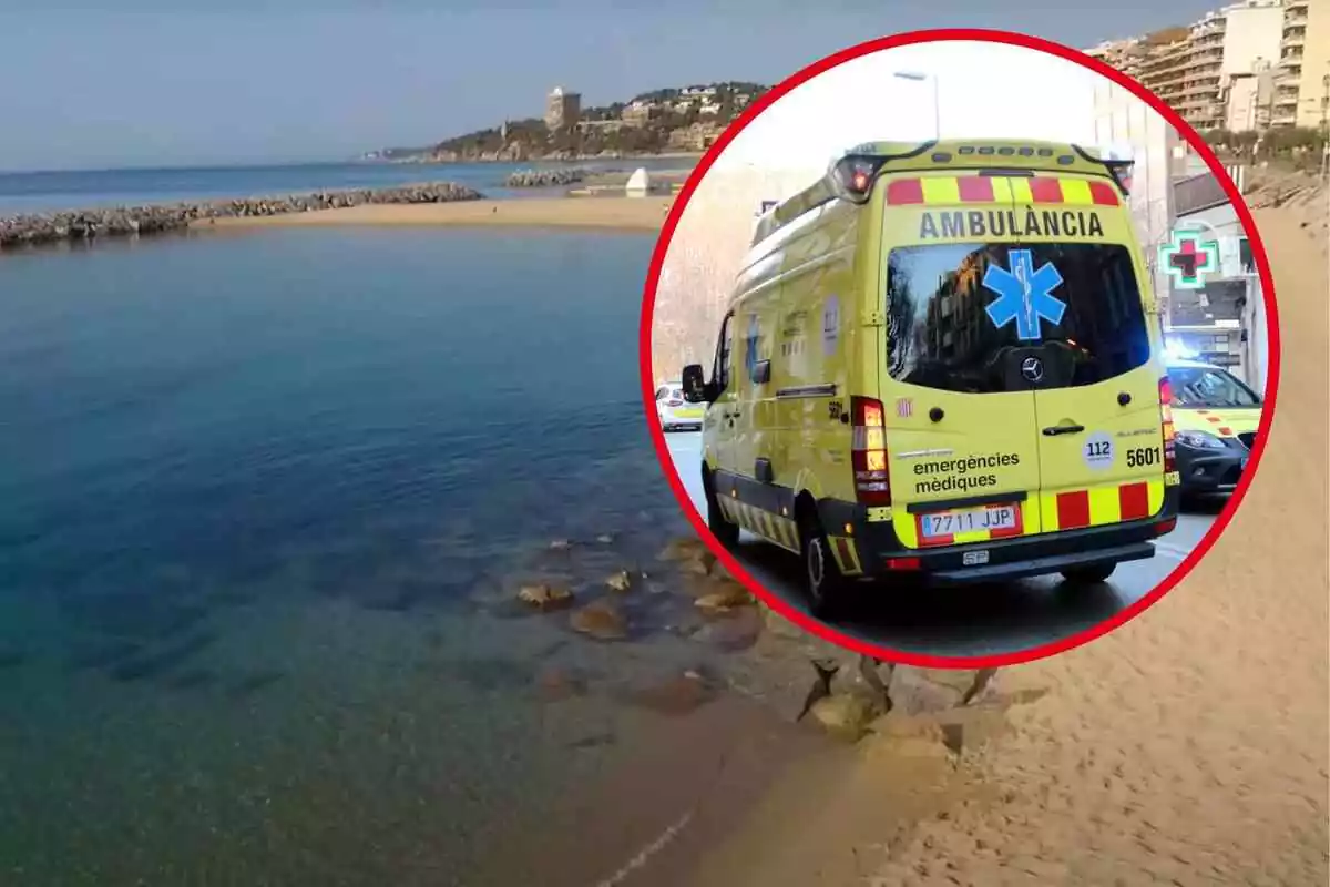 Fotomuntatge amb fons d'una platja de Catalunya i al capdavant una rodona vermella amb una ambulància del SEM