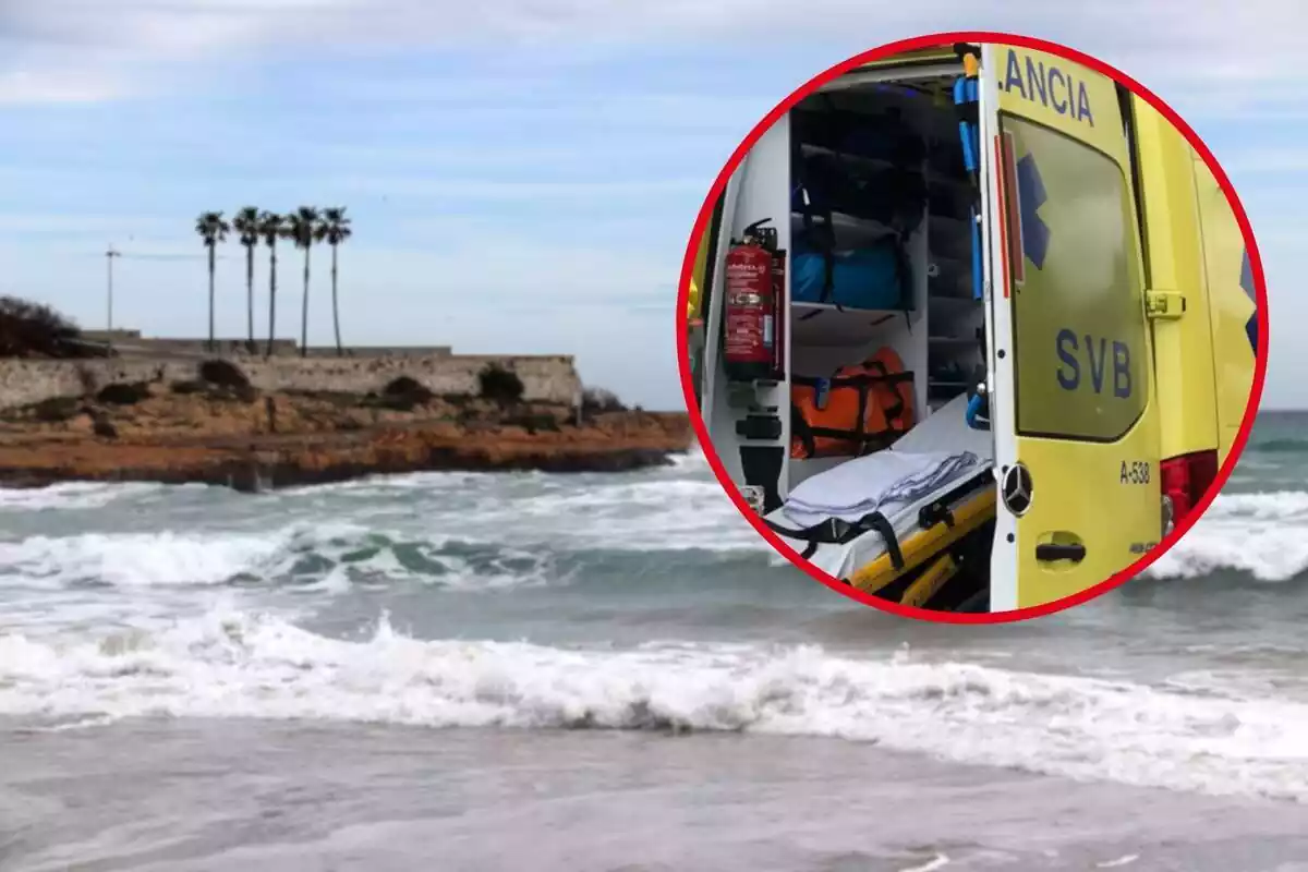 Fotomuntatge amb una imatge de fons d'una platja de fons i al capdavant una rodona vermella amb una ambulància