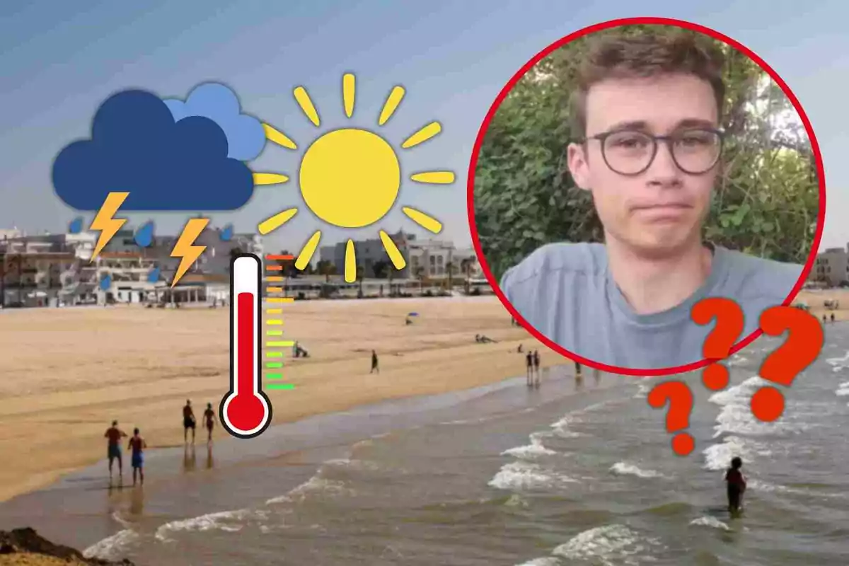 Una imatge d'una platja amb persones a la riba, un gràfic de clima amb sol, núvols i raigs, un termòmetre i un cercle vermell amb la foto d'un home amb ulleres i signes d'interrogació. Una imatge d'una platja amb persones a la riba, un gràfic de clima amb sol, núvols i raigs, un termòmetre i un cercle vermell amb la foto d'un home amb ulleres i signes d'interrogació.