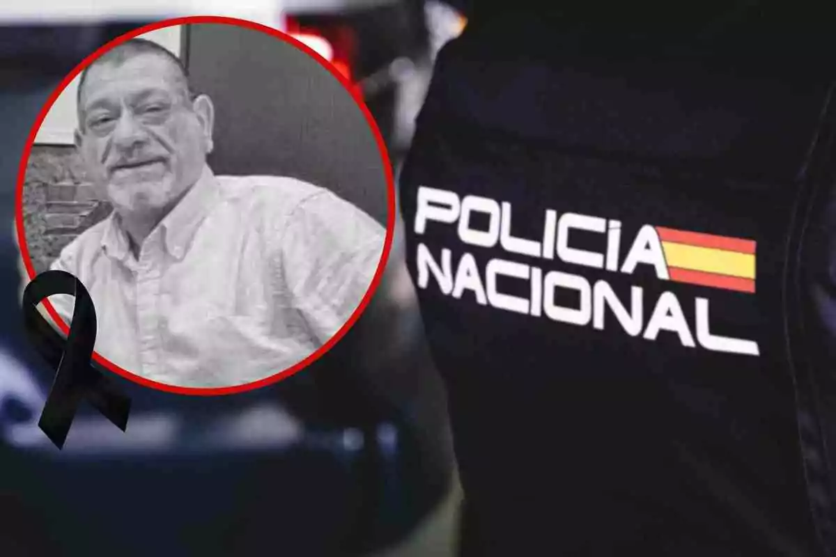 Emilio Lusquiños en una imagen en blanco y negro dentro de un círculo rojo con un lazo negro, junto a un uniforme de la Policía Nacional de España.