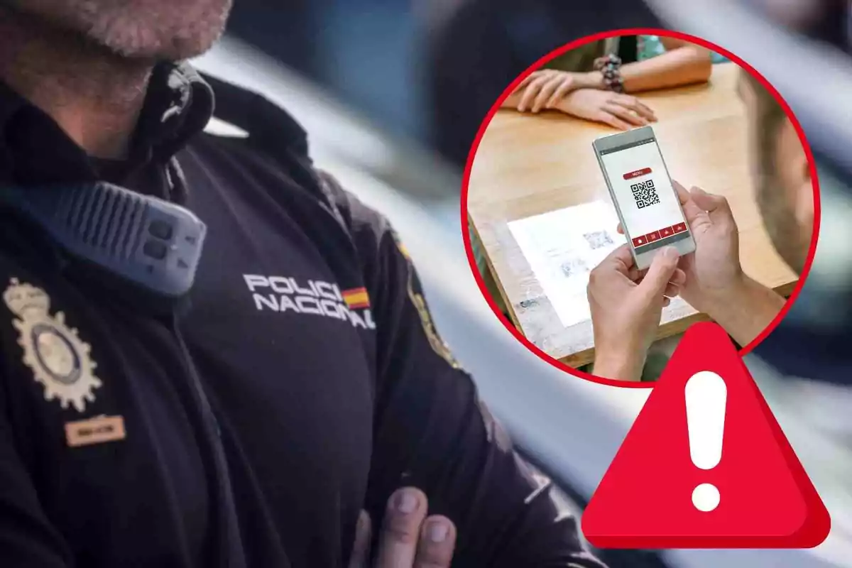 Fotomuntatge amb una imatge de fons d'un agent de la Policia Nacional al capdavant una rodona vermella amb un codi QR a un restaurant i un símbol d'alerta