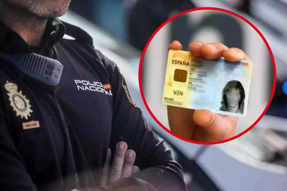 Fotomuntatge amb una imatge de fons d'un agent de la Policia Nacional i una rodona vermella amb un DNI
