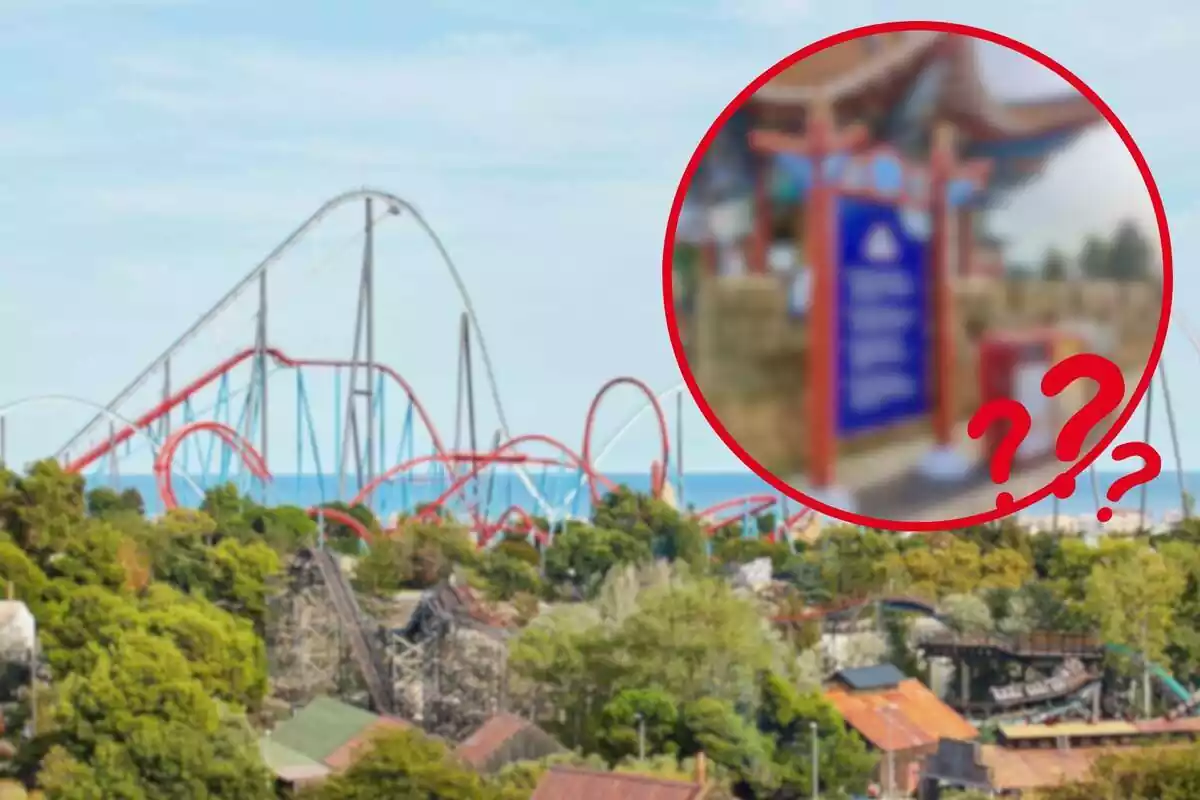 Fotomuntatge amb una imatge de fons de PortAventura i una rodona vermella amb la novetat de les pantalles