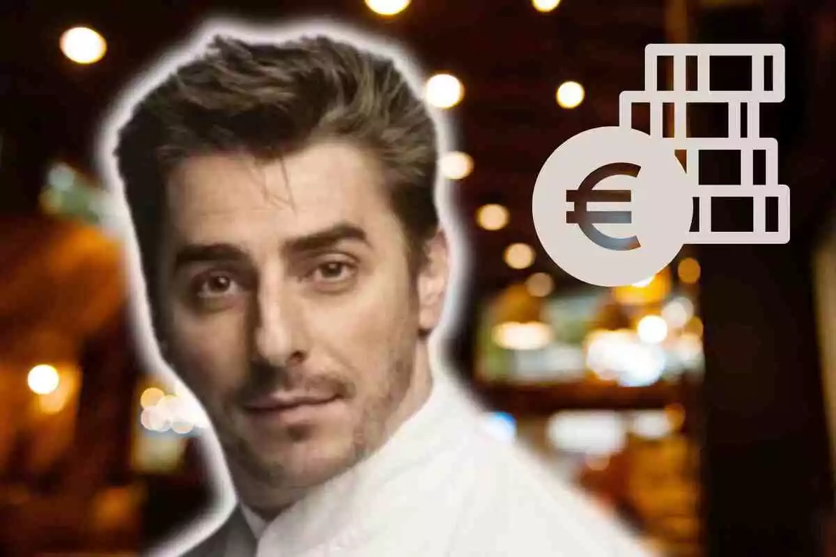 Fotomuntatge amb fons d'un restaurant difuminat i al capdavant Jordi Roca i un dibuix d'euros