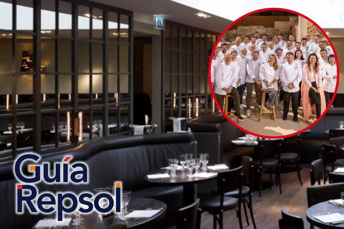 Fotomuntatge amb una imatge de fons d'un restaurant, al capdavant una rodona vermella amb els premiats a la Guia Repsol i el logo