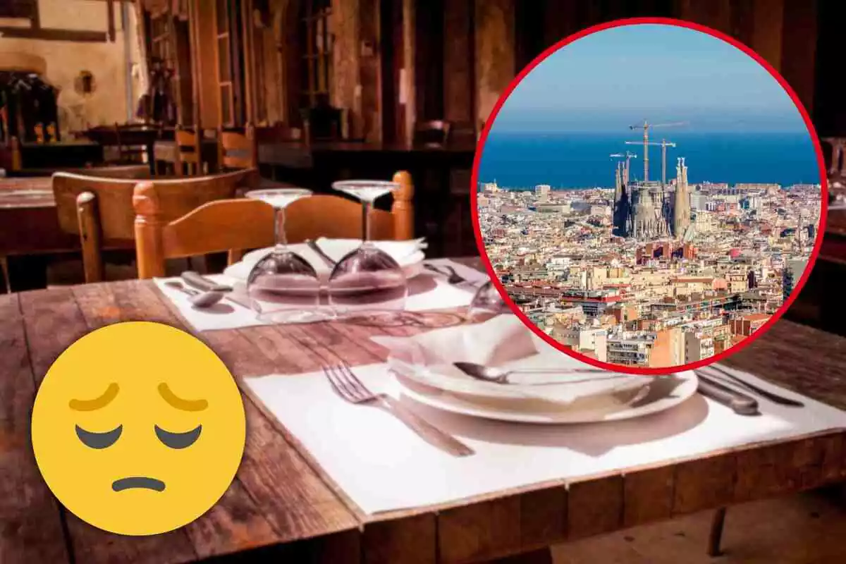 Fotomuntatge amb una imatge de fons d'una taula de restaurant i al capdavant una rodona vermella amb la ciutat de Barcelona i un trist emoji