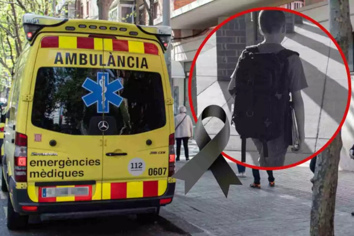 Una ambulància groga amb la paraula "AMBULÀNCIA" a la part del darrere està estacionada en un carrer; a la dreta, un cercle vermell mostra un nen d'esquena amb una motxilla, i un llaç negre està superposat a la imatge.