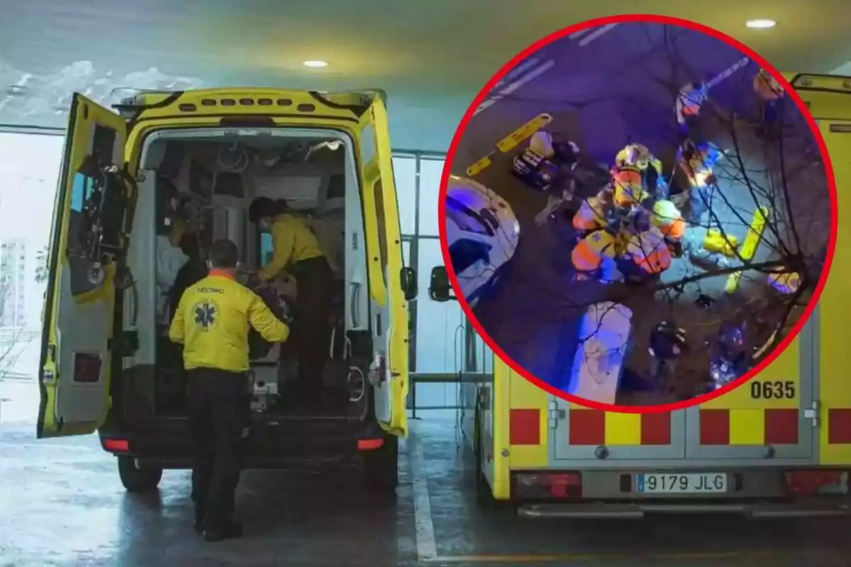 Fotomuntatge amb una imatge de fons d'una ambulància del SEM i una rodona vermella al capdavant amb el moment de l'atropellament de la noia al centre de Barcelona