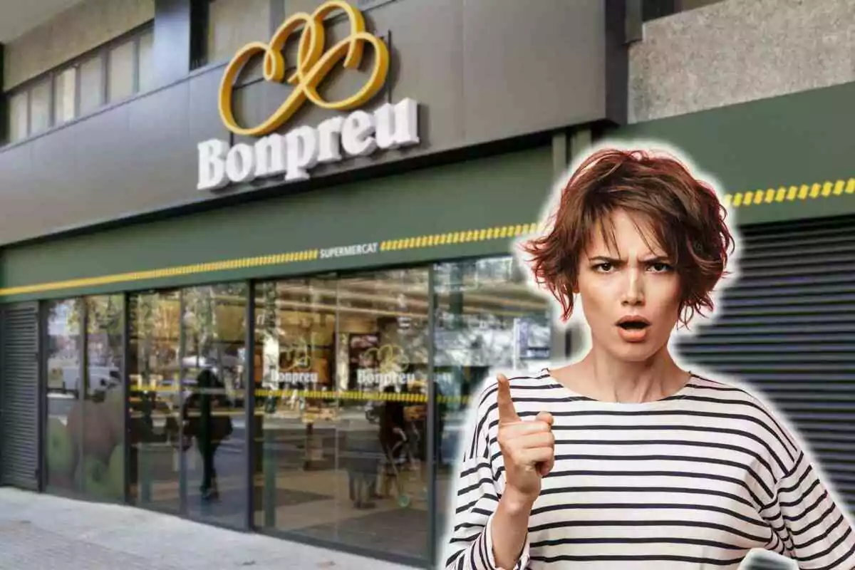 Fotomuntatge amb un fons d'un supermercat Bonpreu i al capdavant una dona enfadada