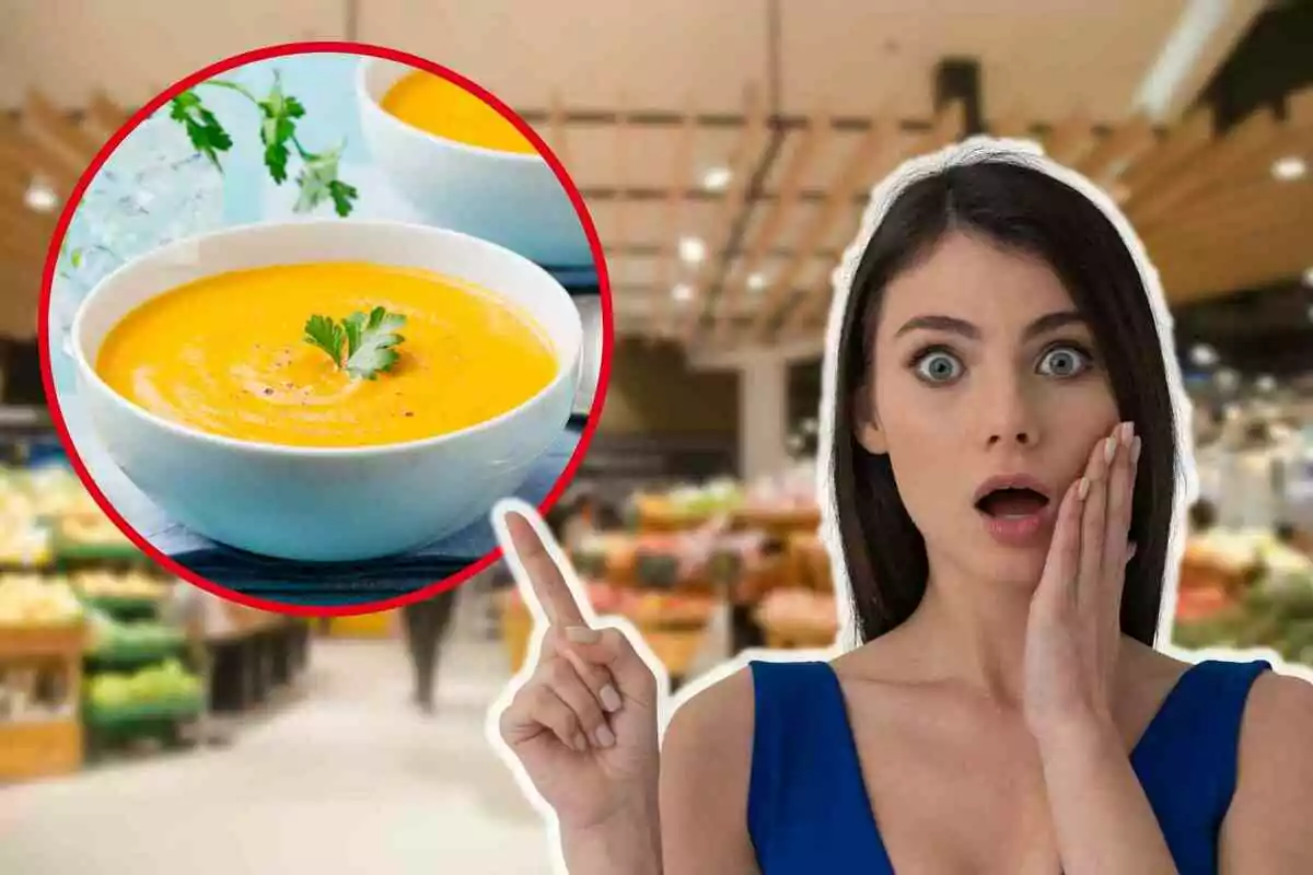 Una dona sorpresa assenyala un plat de sopa a un supermercat.