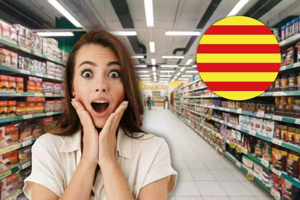 Dona sorpresa en un supermercat amb la bandera de franges grogues i vermelles de Catalunya.