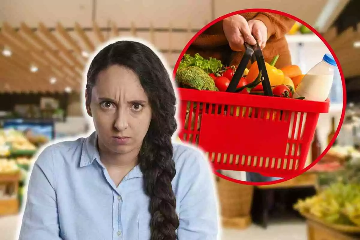 Fotomuntatge amb una imatge de fons d'un supermercat, al capdavant una cistella de compra en una rodona vermella i una dona enfadada