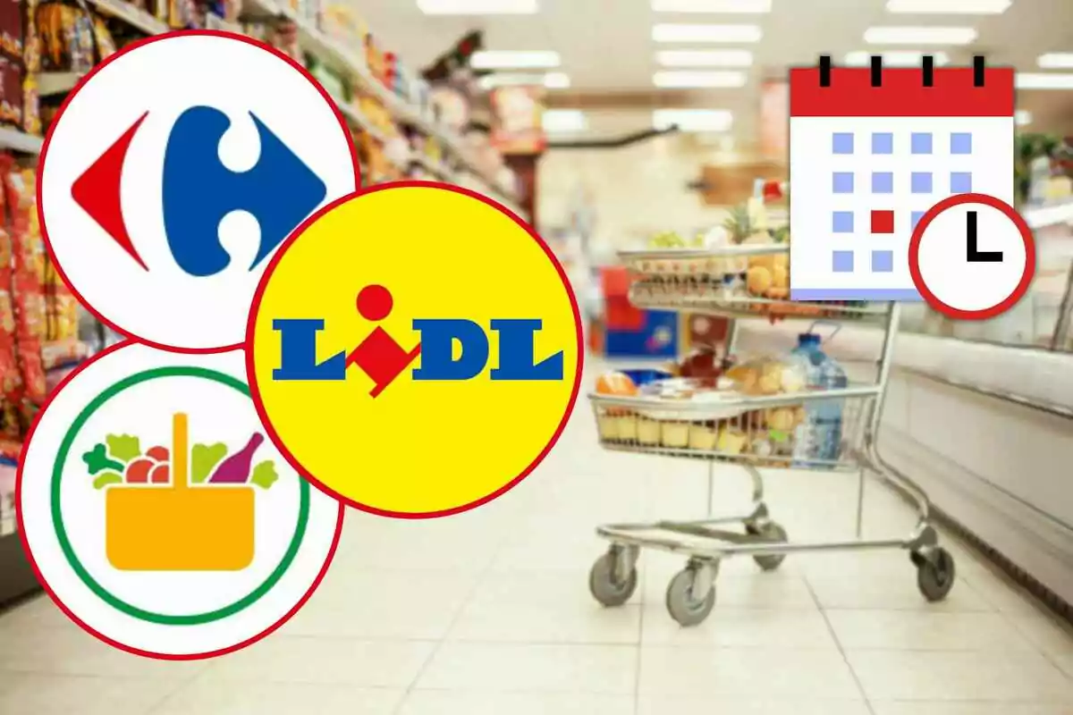 Logotips de supermercats Lidl, Mercadona i Carrefour i un carretó de compres ple en un passadís de botiga amb un calendari i un rellotge.