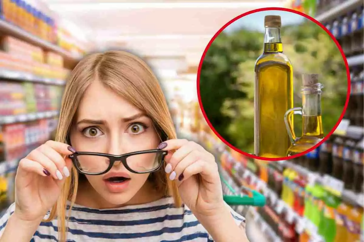 Mujer sorprendida en un supermercado con un círculo que muestra botellas de aceite.